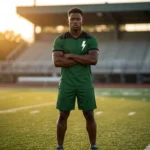 Athlete standing on a sports field at sunset wearing the Thunder Strike green and black custom flag football uniform jersey with a lightning bolt print and shorts