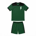 Flat lay front view of the Thunder Strike green custom flag football jersey featuring a white lightning bolt logo, black shoulder panels, and matching green athletic shorts