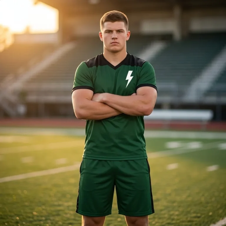 Football player standing on a stadium field wearing the Thunder Strike green custom flag football jersey and matching shorts