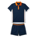 Flat lay front view of the Vidrio Pro navy padel polo shirt featuring an orange placket, white trim, and matching shorts