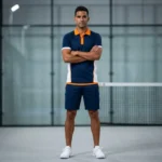 Male athlete standing on an indoor padel court wearing the Vidrio Pro navy polo shirt with orange collar and matching navy shorts