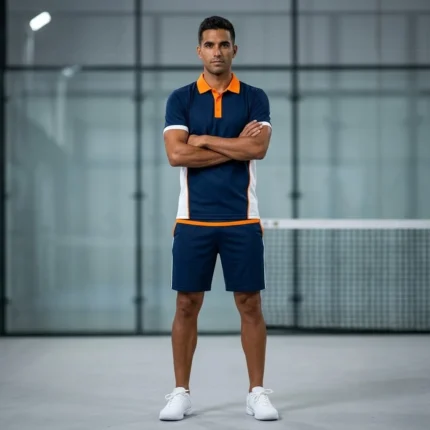 Male athlete standing on an indoor padel court wearing the Vidrio Pro navy polo shirt with orange collar and matching navy shorts