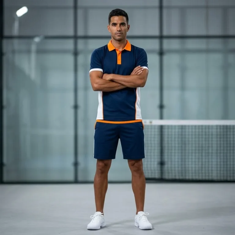 Male athlete standing on an indoor padel court wearing the Vidrio Pro navy polo shirt with orange collar and matching navy shorts