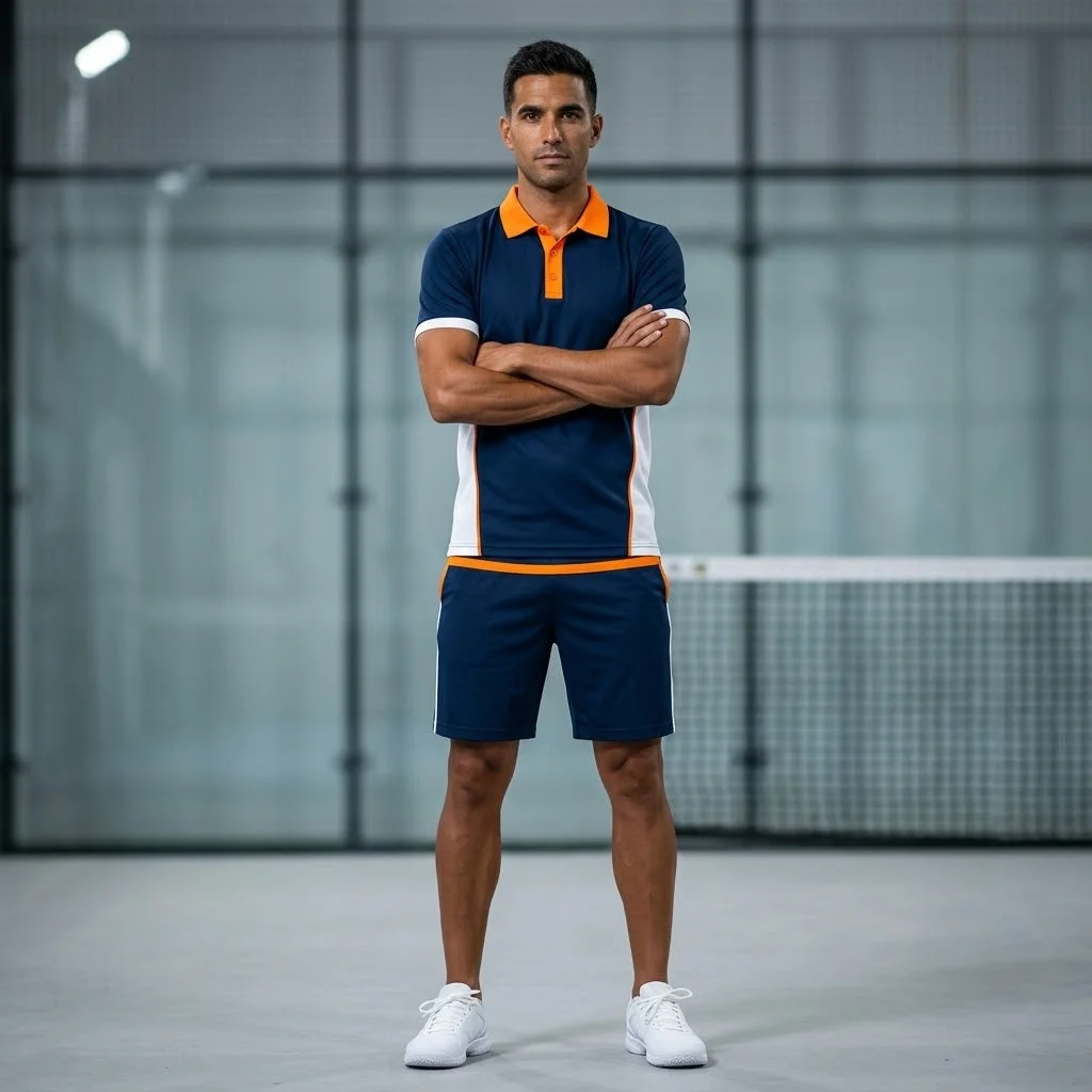 vidrio-pro-custom-padel-kit-navy-white-orange-male-player Male athlete standing on an indoor padel court wearing the Vidrio Pro navy polo shirt with orange collar and matching navy shorts